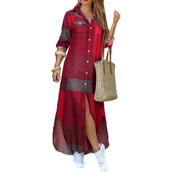 Women's Long Sleeve Button Down Shirt Dress Spring Casual Maxi Dresses Loose Fit Blouse Dress with Pockets