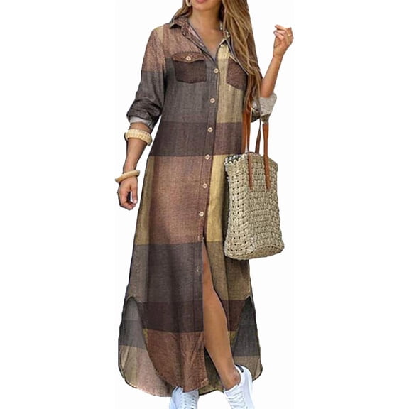Women's Long Sleeve Button Down Shirt Dress Spring Casual Maxi Dresses Loose Fit Blouse Dress with Pockets