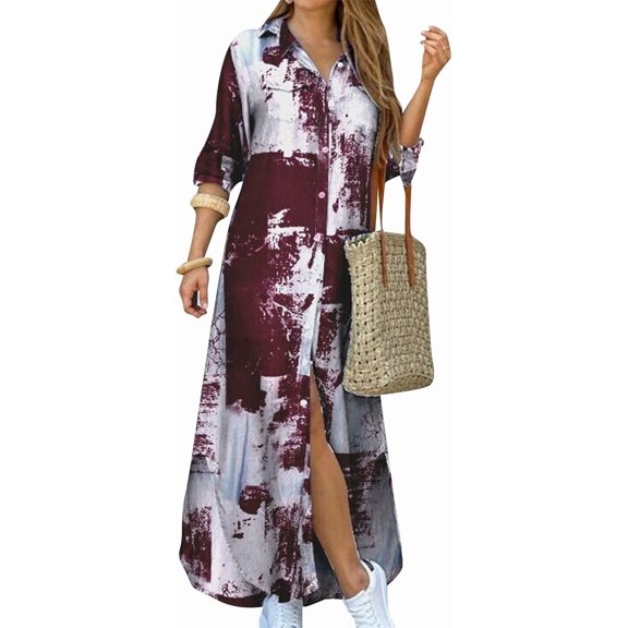 Women's Long Sleeve Button Down Shirt Dress Spring Casual Maxi Dresses Loose Fit Blouse Dress with Pockets