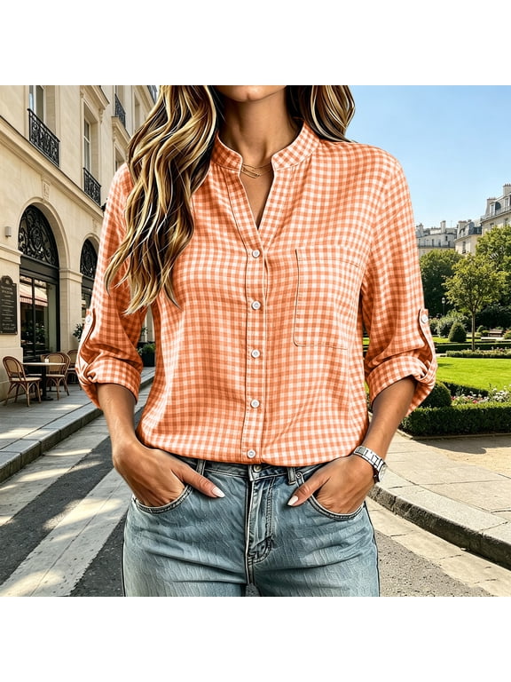 Women's Long Sleeve Button Down Shirt Mandarin Collar V Neck Gingham Plaid Relaxed Fit Blouses Business Casual Workwear Vacation Tops 2026