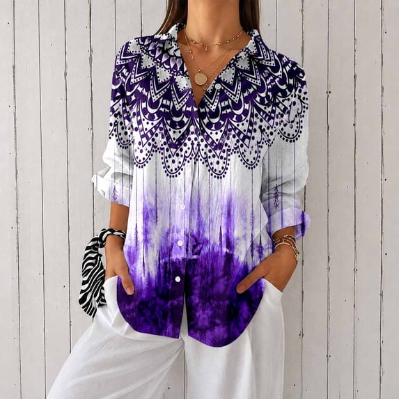 Women's Long Sleeve Button Down Shirt Printed Casual Blouse