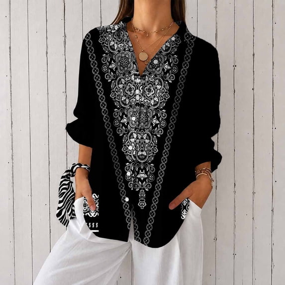 Women's Long Sleeve Button Down Shirt Printed Casual Blouse