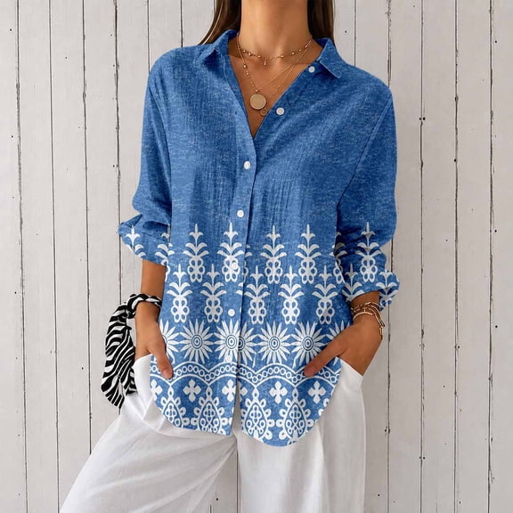 Women's Long Sleeve Button Down Shirt Printed Casual Blouse
