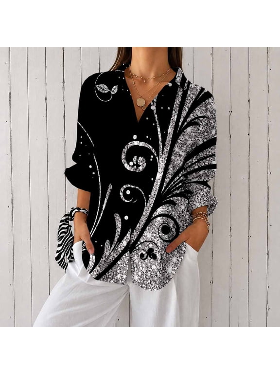 Women's Long Sleeve Button Down Shirt Printed Casual Blouse