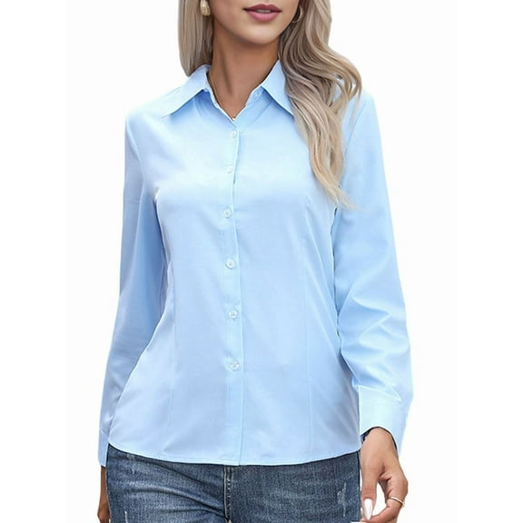 Women's Long Sleeve Button Down Shirt, Solid & Striped Formal Blouse, Wrinkle Resistant Easy Care Work Shirt Tops Blue S