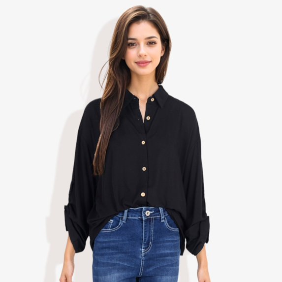 Women's Long Sleeve Button-Down Shirt with Roll-Up Sleeves and Front Pocket Casual Loose Fit Blouse- Medium, Black