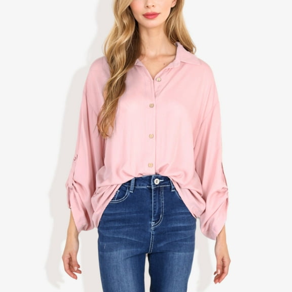 Women's Long Sleeve Button-Down Shirt with Roll-Up Sleeves and Front Pocket Casual Loose Fit Blouse- Small, Pink