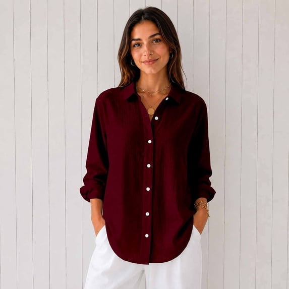 Women's Long Sleeve Button Down Shirts Casual Loose Fit Blouse Tops, Burgundy