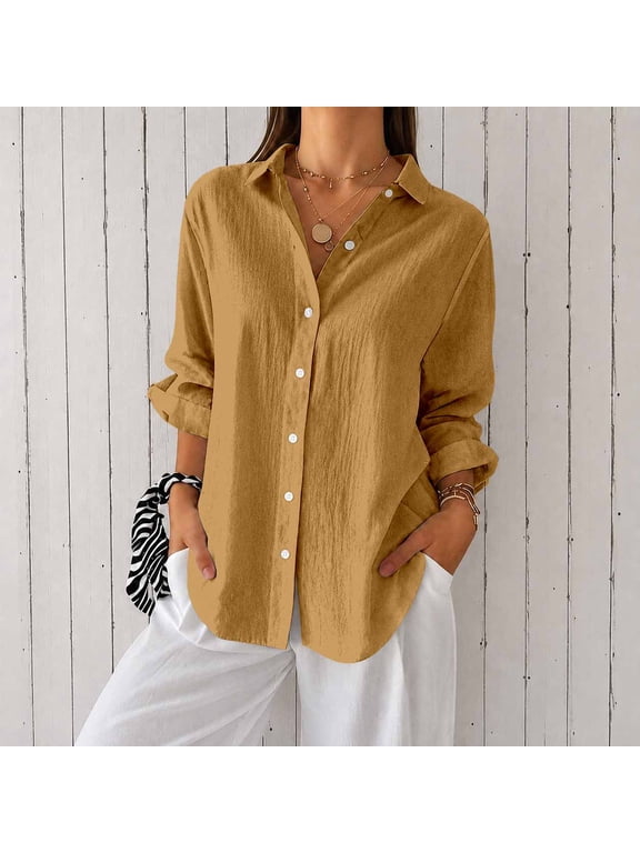 Women's Long Sleeve Button Down Shirts Casual Loose Fit Blouse Tops, Camel