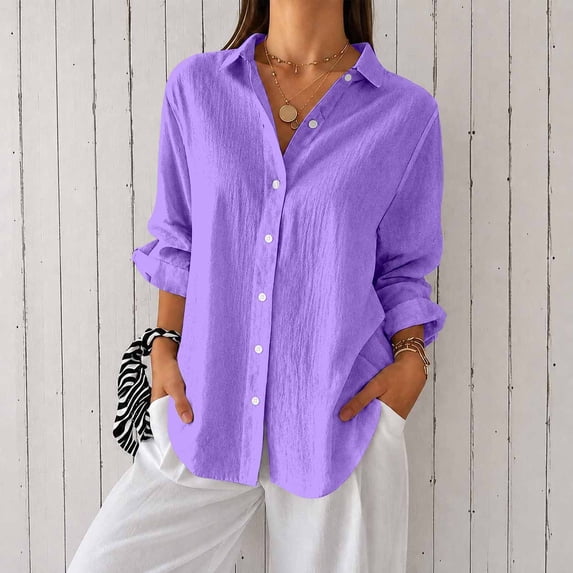 Women's Long Sleeve Button Down Shirts Casual Loose Fit Blouse Tops, Lavender