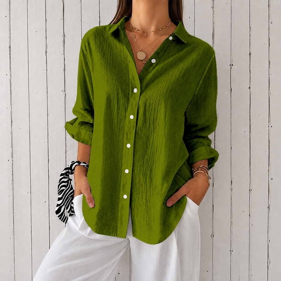 Women's Long Sleeve Button Down Shirts Casual Loose Fit Blouse Tops, Olive Green