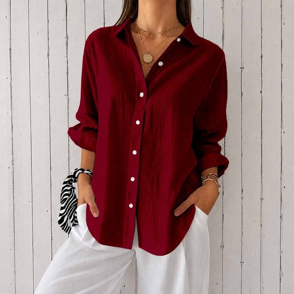 Women's Long Sleeve Button Down Shirts Casual Loose Fit Blouse Tops, Wine Red