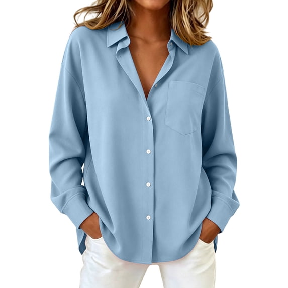 Women's Long Sleeve Button Down Shirts Collared Basic Dress Shirt Loose Fit Casual Tops with Chest Pocket