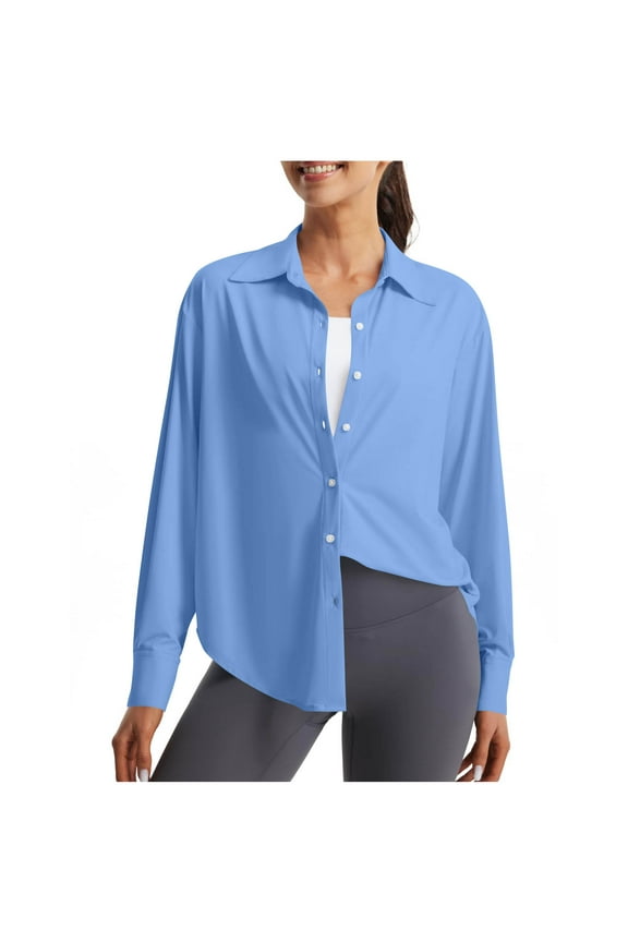 Women's Long Sleeve Button Down Shirts Sun Protection UPF50+ Collared Blouses Quick Dry Cover Up for Beach Hiking (M, Blue)