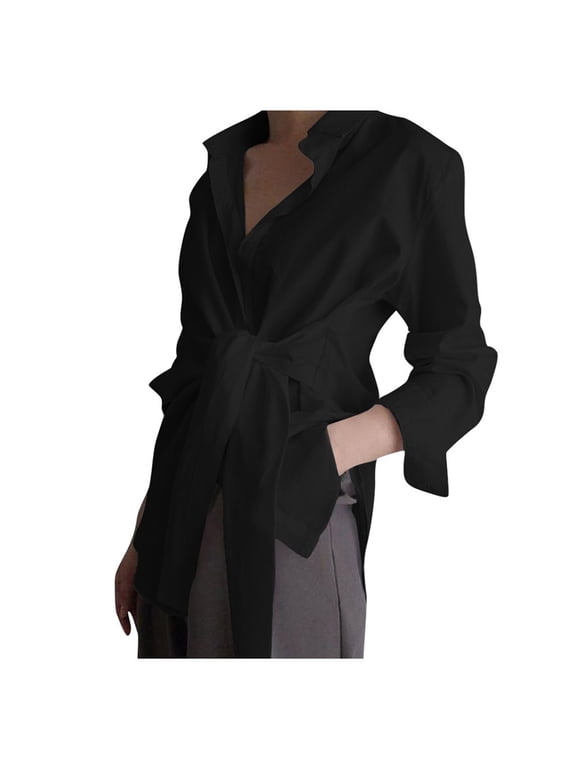Women's Long Sleeve Button Down Shirts Tie Waist Blouses Tops Black M
