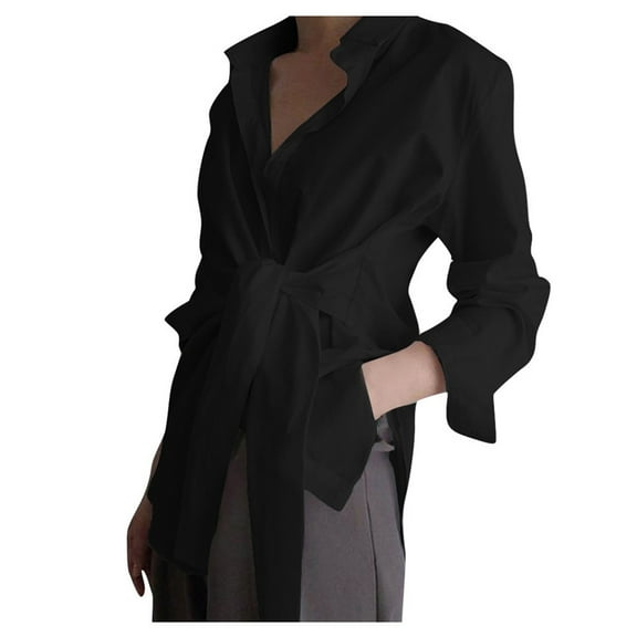 Women's Long Sleeve Button Down Shirts Tie Waist Blouses Tops Black XXL