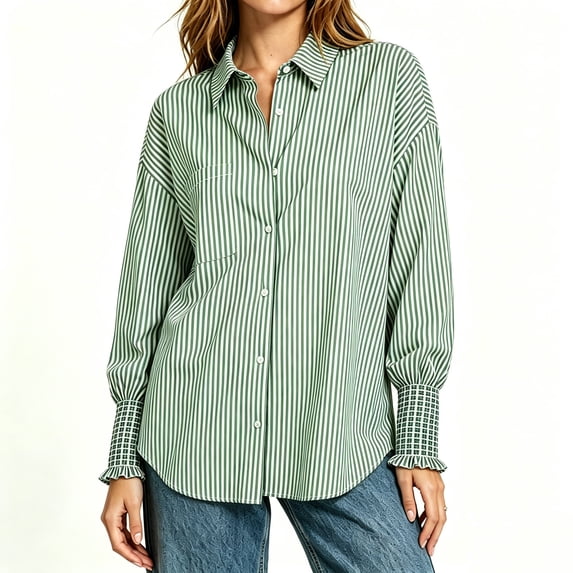 Women's Long Sleeve Button Down Shirts, Women's Striped Dressy Shirt with Ruffled Cuffs, Women's Green,Size S-3XL