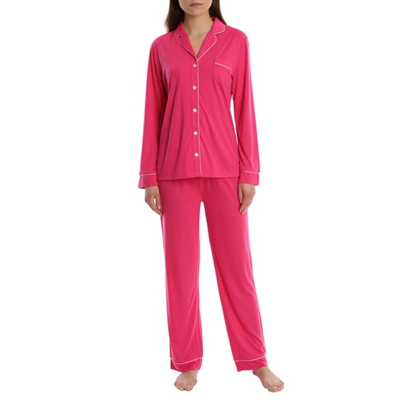 Women's Long Sleeve Button Down Sleep Shirt & Pants PJ Set - Pink - Medium