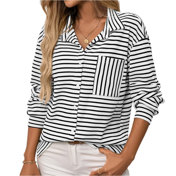 Women’s Long Sleeve Button Down Striped Shirt, Casual Loose Fit Blouse Top with Pocket, Black and White Fashion Tunic Fashion Clothing for Women