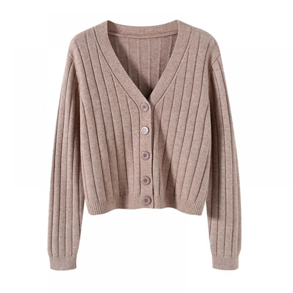 Women's Long Sleeve Button Down V Neck Classic Sweater Knit Cropped ...