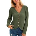 thumbnail image 1 of Women's Long Sleeve Button Down V‑Neck Knit Cardigan Scalloped Trim Sweater, 1 of 5