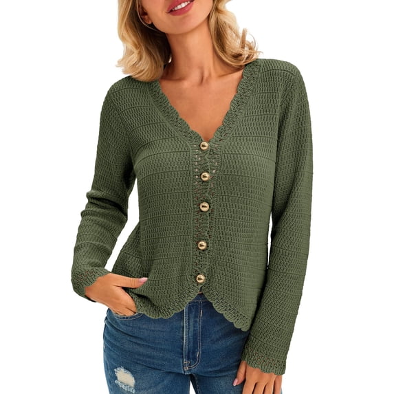 Women's Long Sleeve Button Down V‑Neck Knit Cardigan Scalloped Trim Sweater