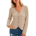 thumbnail image 1 of Women's Long Sleeve Button Down V‑Neck Knit Cardigan Scalloped Trim Sweater, 1 of 5