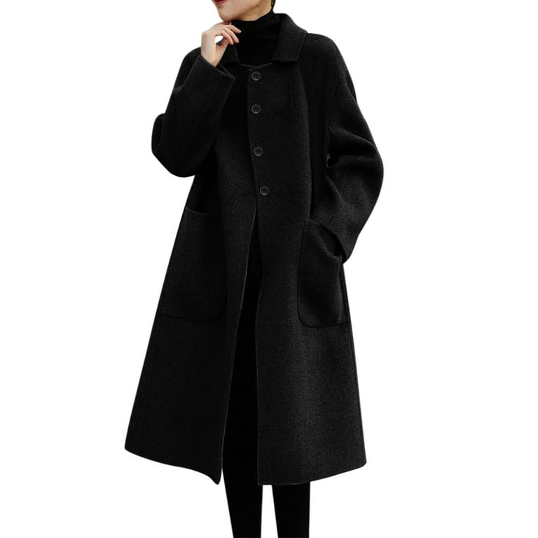 Chic plain lapel collar button thicken woolen long coat outlet