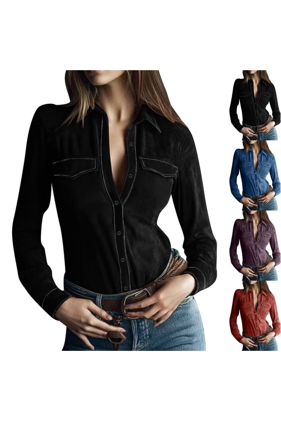 Women's Long Sleeve Button Down Western Shirt Flocked Faux Suede Collared Blouse Tailored Fit with Chest Pockets for Work Office, Black, XXL