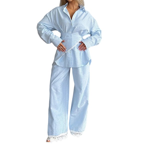 Women's Long Sleeve Button Down Wide Leg Sets Shirts Covering Buttocks Pants for Daily Wear Blue S
