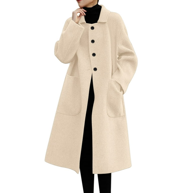 Women's Long Sleeve Button Down Wool Blends Thin Jacket Coat Slim Fit Warm  Solid Long Overcoat With Pockets Light Wool Coat Women round Collar Beige 