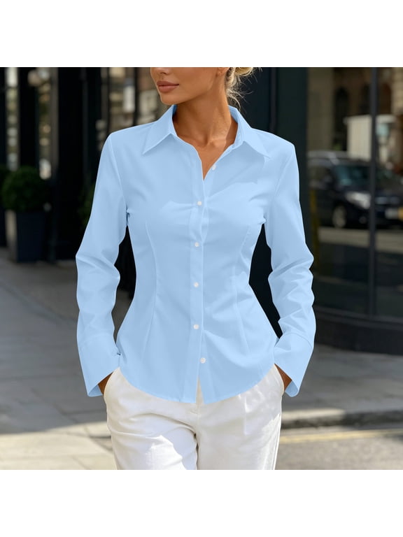 Women's Long Sleeve Button Dress Shirts Lapel Collar Fitted Waist Tailored Elegant Blouse Tops for Office Formal Work Light Blue M