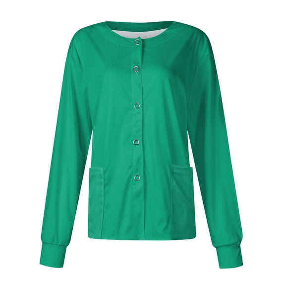 Women's Long Sleeve Button Front Cardigan Scrub Top with Stand-Up Collar and Pockets, Single-Breasted Casual Uniform Shirt for Healthcare Professionals and Caregivers Mint Green S