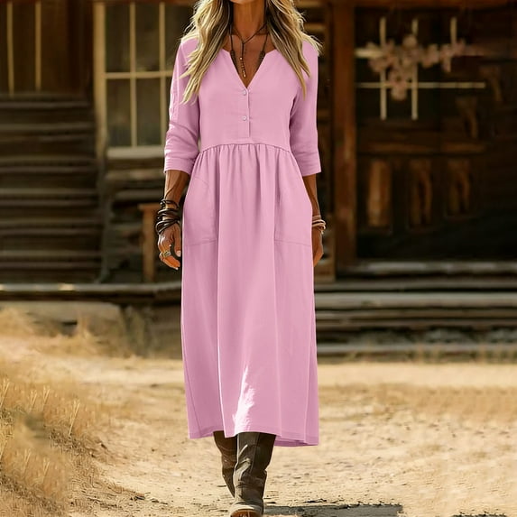 Women‘s Long Sleeve Button‑Front Maxi Dress - Belted Casual Dress for ...