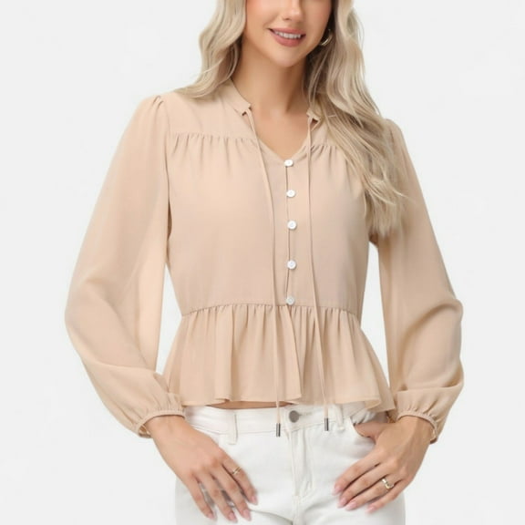 Women's Long Sleeve Button Front Peplum Blouse with V-Neckline and Gathered Waist Detail - Large, Beige