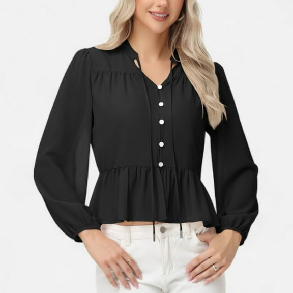 Women's Long Sleeve Button Front Peplum Blouse with V-Neckline and Gathered Waist Detail - Large, Black