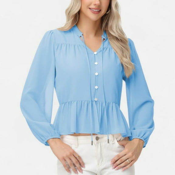 Women's Long Sleeve Button Front Peplum Blouse with V-Neckline and Gathered Waist Detail - X Large, Blue