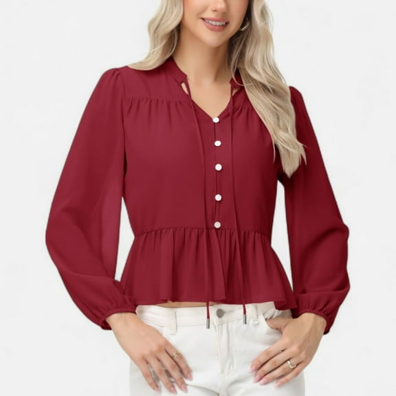 Women's Long Sleeve Button Front Peplum Blouse with V-Neckline and Gathered Waist Detail - X Large, Burgundy