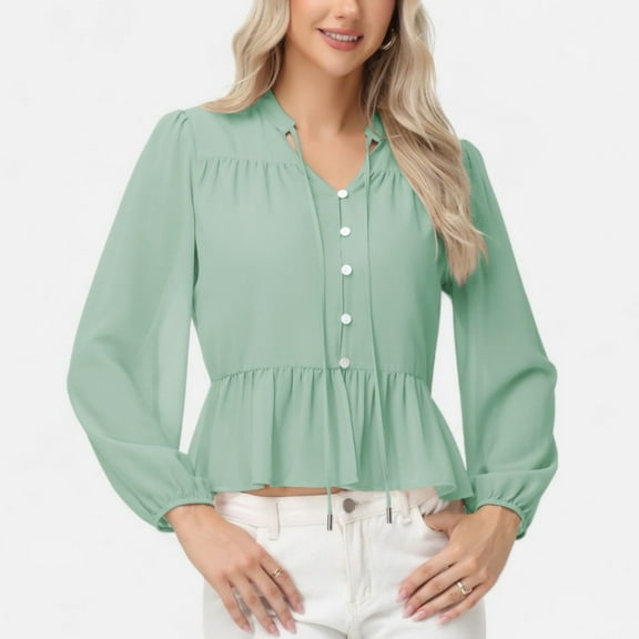Women's Long Sleeve Button Front Peplum Blouse with V-Neckline and Gathered Waist Detail - X Large, Green