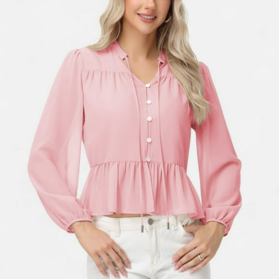 Women's Long Sleeve Button Front Peplum Blouse with V-Neckline and Gathered Waist Detail - X Large, Pink