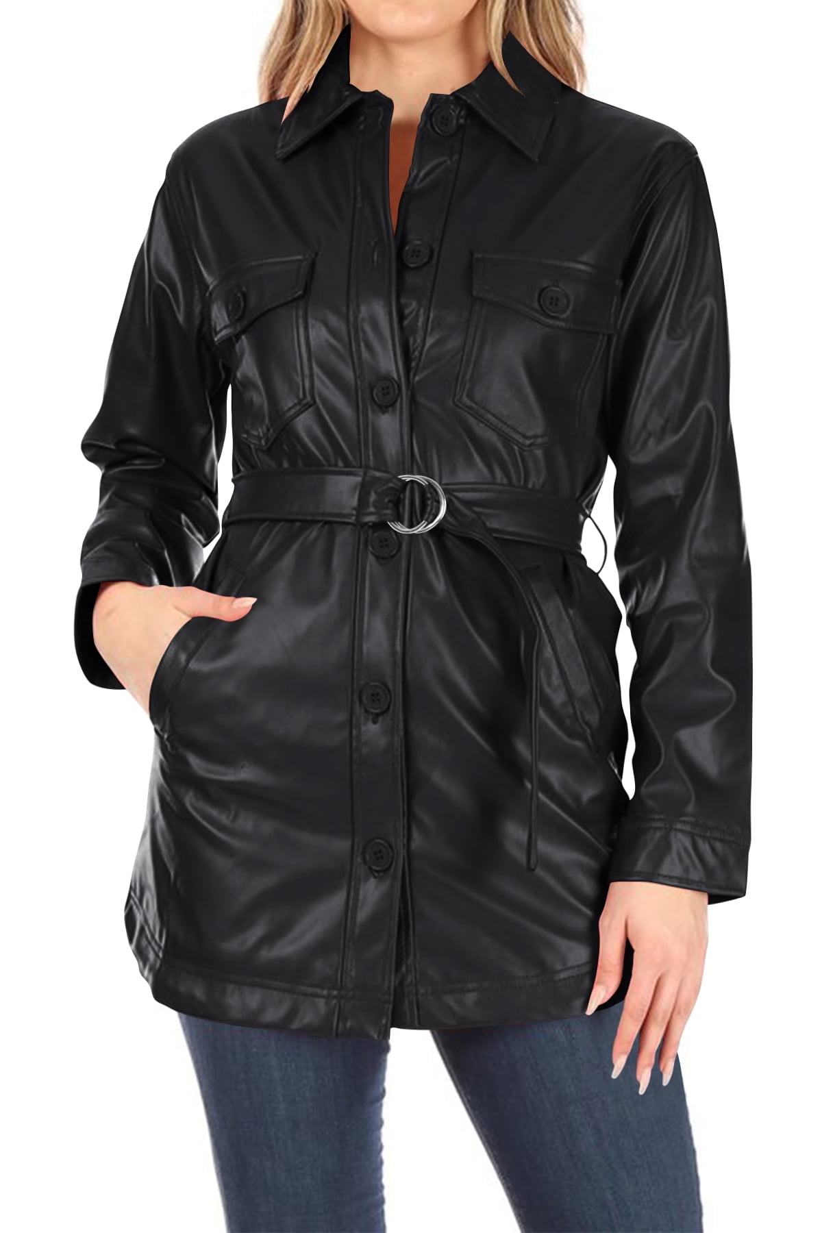 Women's Long Sleeve Button Front Waist Belted Faux Leather Coat Jacket