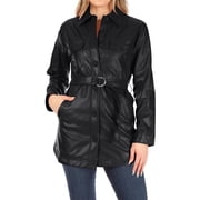 Womens Long Sleeve Button Front Waist Belted Faux Leather Coat Jacket