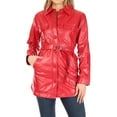 thumbnail image 1 of Women's Long Sleeve Button Front Waist Belted Faux Leather Coat Jacket, 1 of 4