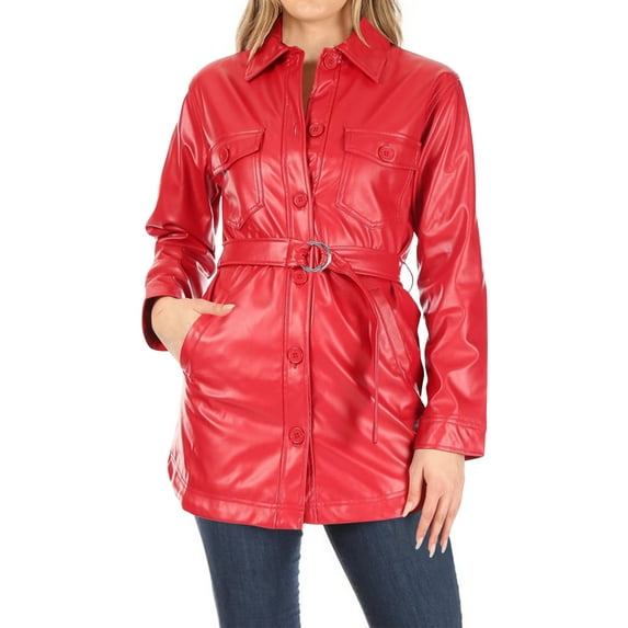 Women's Long Sleeve Button Front Waist Belted Faux Leather Coat Jacket