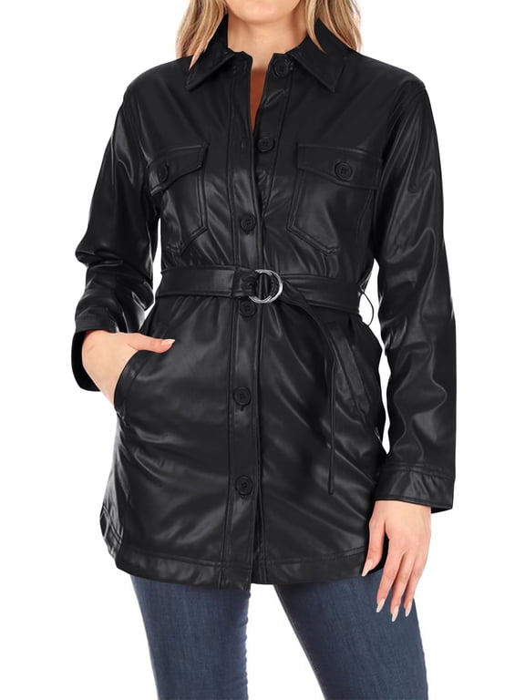 Women's Long Sleeve Button Front Waist Belted Faux Leather Coat Jacket