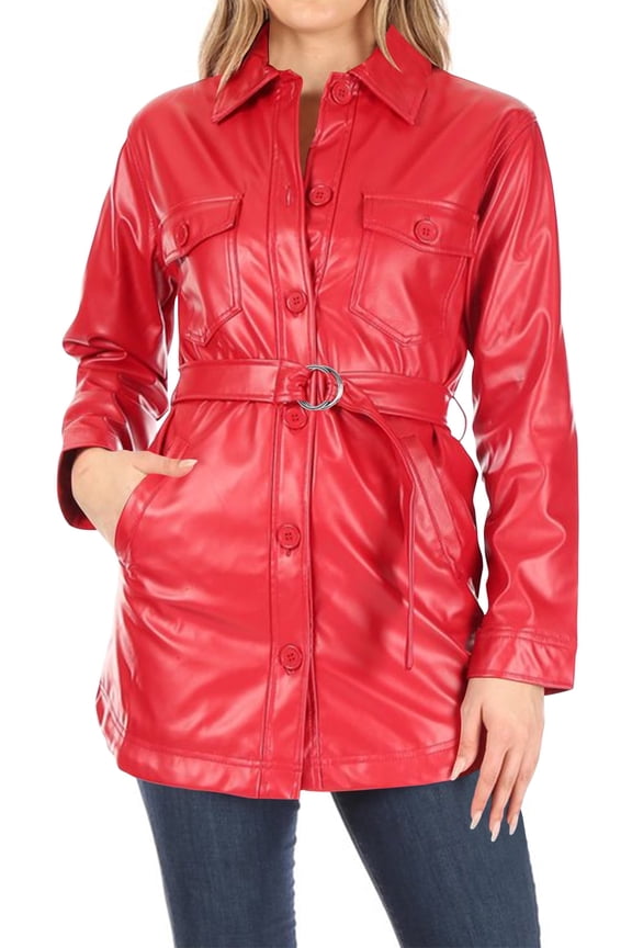 Women's Long Sleeve Button Front Waist Belted Faux Leather Coat Jacket