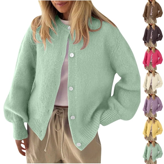 Women's Long Sleeve Button Down Knit Sweater Cardigan Top Solid Color Crewneck Loose Fit Casual Daily Wear Work Office Fashion Essential Gift for Women | CSEONE,Brown L