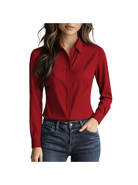 Women's Long Sleeve Button Down Satin Shirt with Hidden Placket, Classic Collared Work Blouse, Solid Color Business Casual Top, Elegant Office Wear for Professional Settings