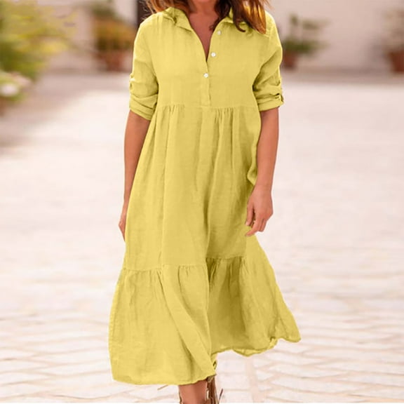 Women's Long Sleeve Button Shirt Dress Cotton Linen V Neck Loose Fit Casual Shirt Dresses with Pockets