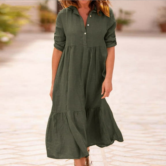 Women's Long Sleeve Button Shirt Dress Cotton Linen V Neck Loose Fit Casual Shirt Dresses with Pockets